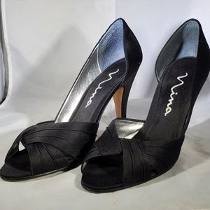 Dressy black satin open toe pump